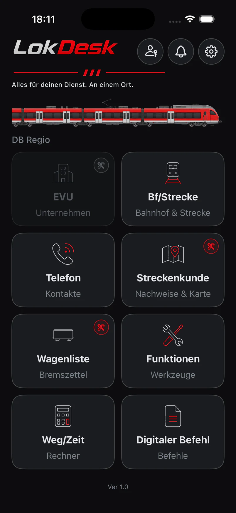 LokDesk Startansicht mit den Bereichen Bahnhof und Strecke, Telefon, Streckenkunde, Wagenliste, Funktionen, Weg und Zeit sowie Digitaler Befehl