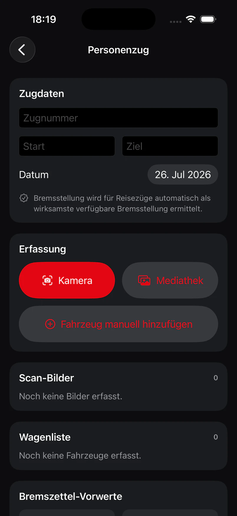 LokDesk Personenzug-Assistent mit Zugdaten, Kamera, Mediathek und manueller Fahrzeugerfassung