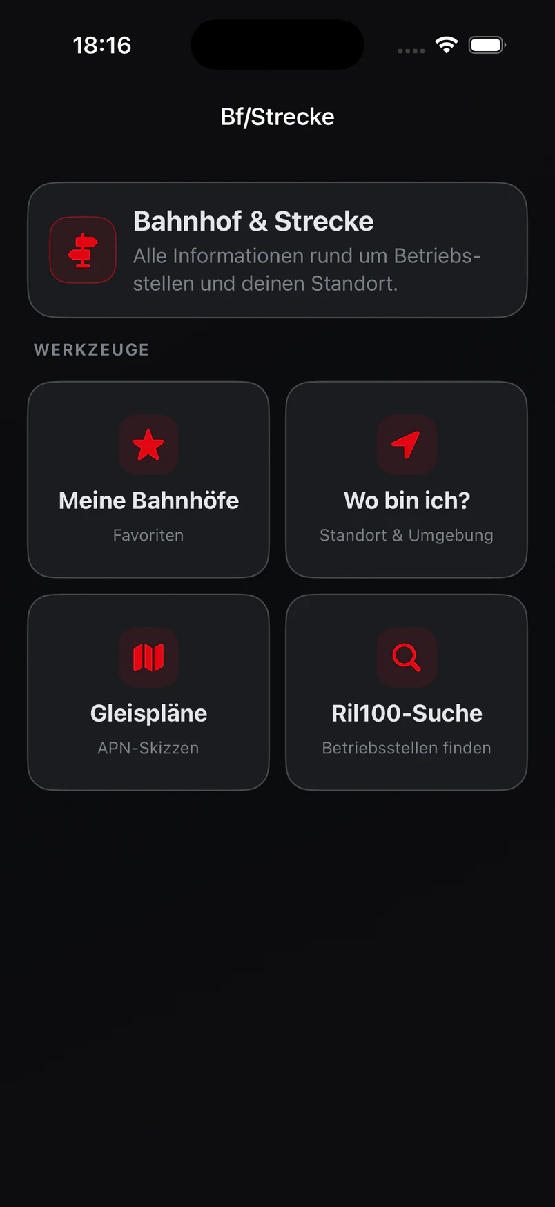 LokDesk Bereich Bahnhof und Strecke mit Meine Bahnhöfe, Wo bin ich, Gleispläne und Ril100-Suche